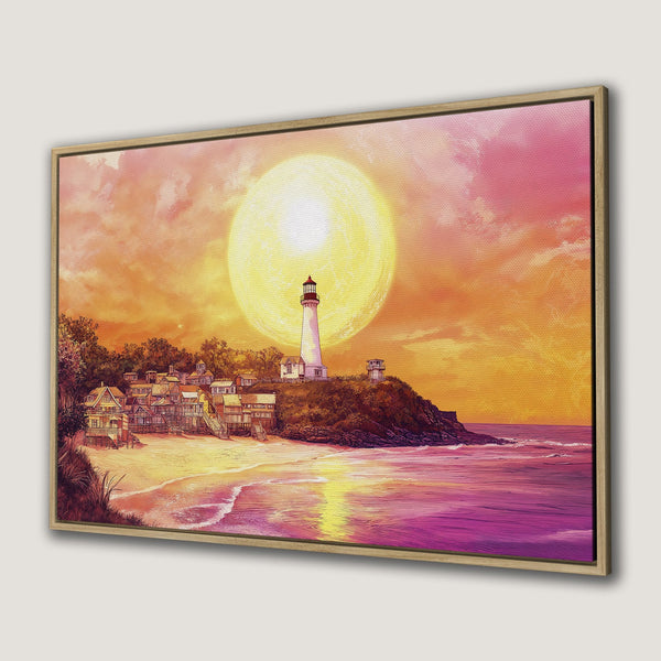 Framed Wall Art: Coastal lighthouse sunset canvas print. Romantic beach scene with vibrant pink, orange, and yellow hues. Perfect wall decor!