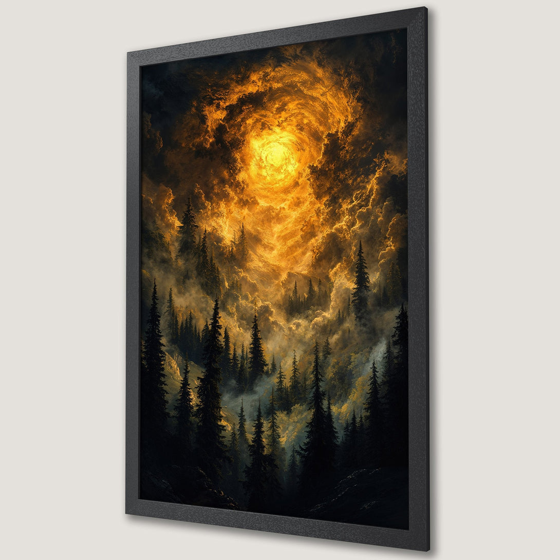 Framed Poster: Dramatic forest art with a golden, fiery sky. Dark, moody landscape painting with a warm color palette.