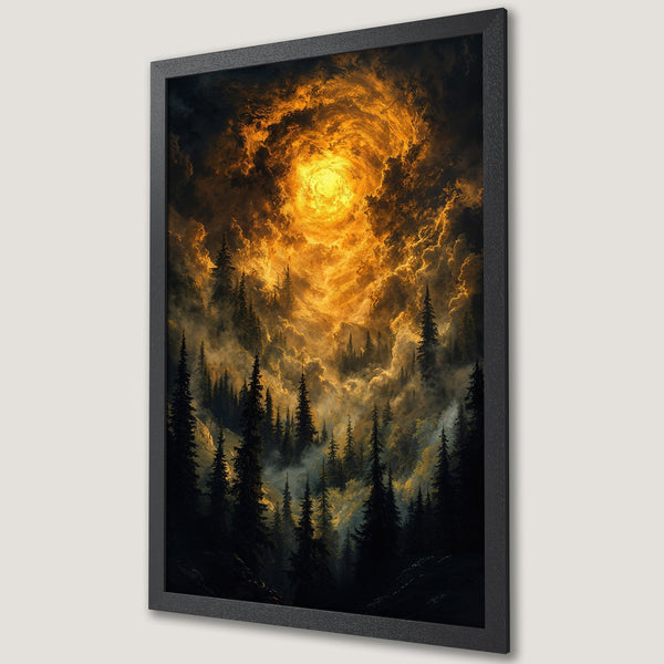 Framed Poster: Dramatic forest art with a golden, fiery sky. Dark, moody landscape painting with a warm color palette.