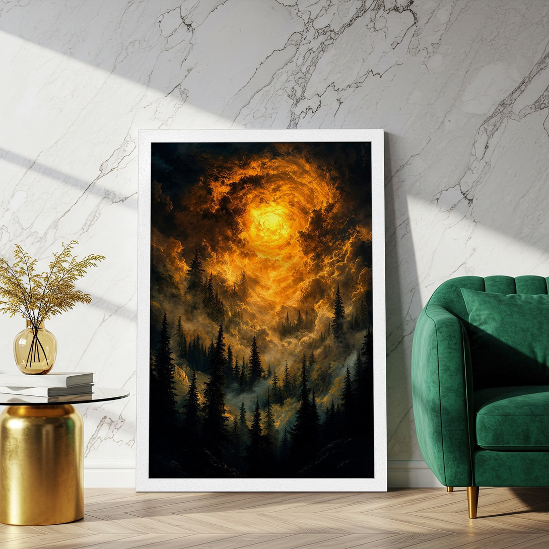Framed Poster featuring a dramatic forest scene with a fiery sky, in an artistic style with warm orange and dark green tones. Add this art to your home!