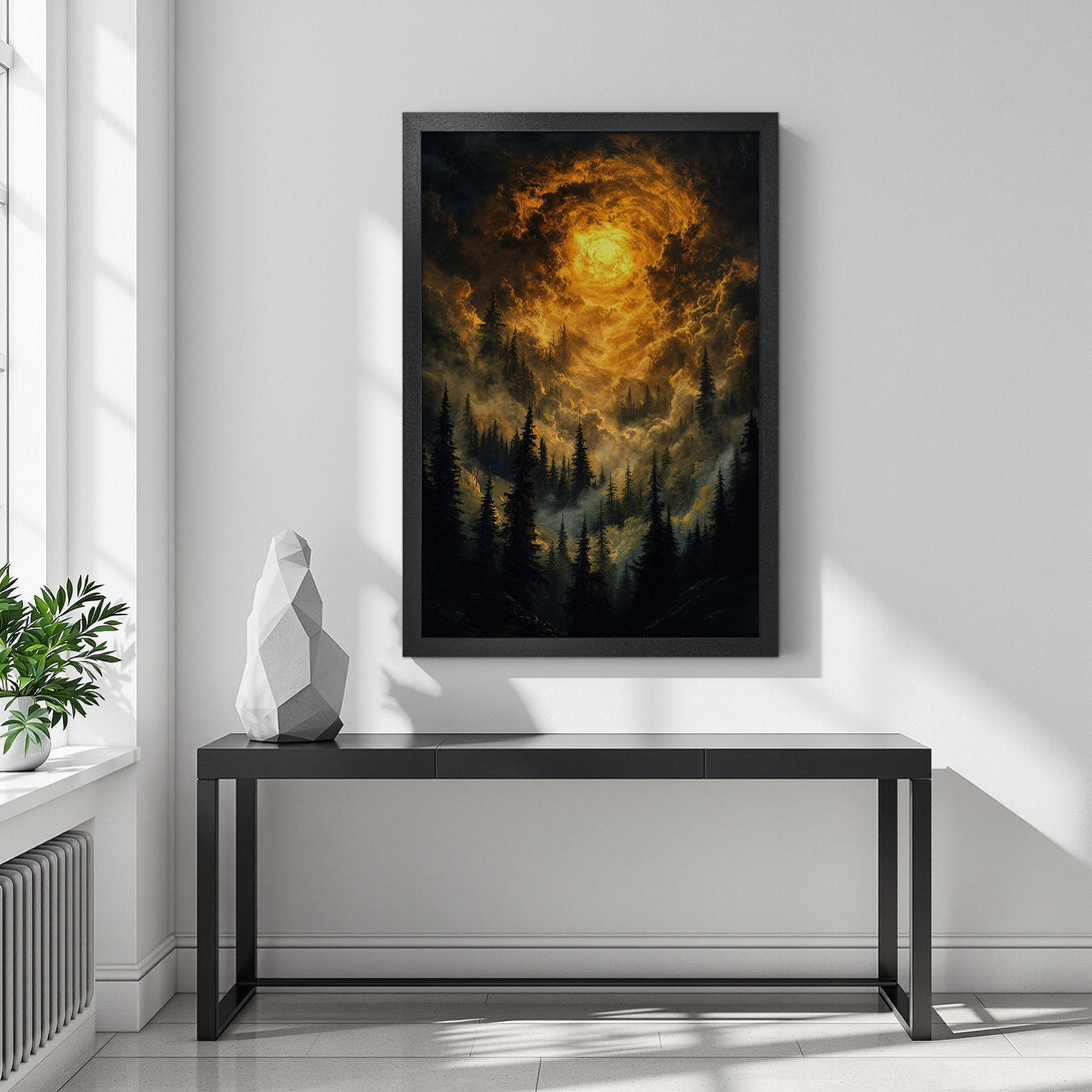 Framed Poster featuring a mystical forest scene with a golden, swirling sky. Dark, moody style with warm gold and black tones. Perfect wall art!