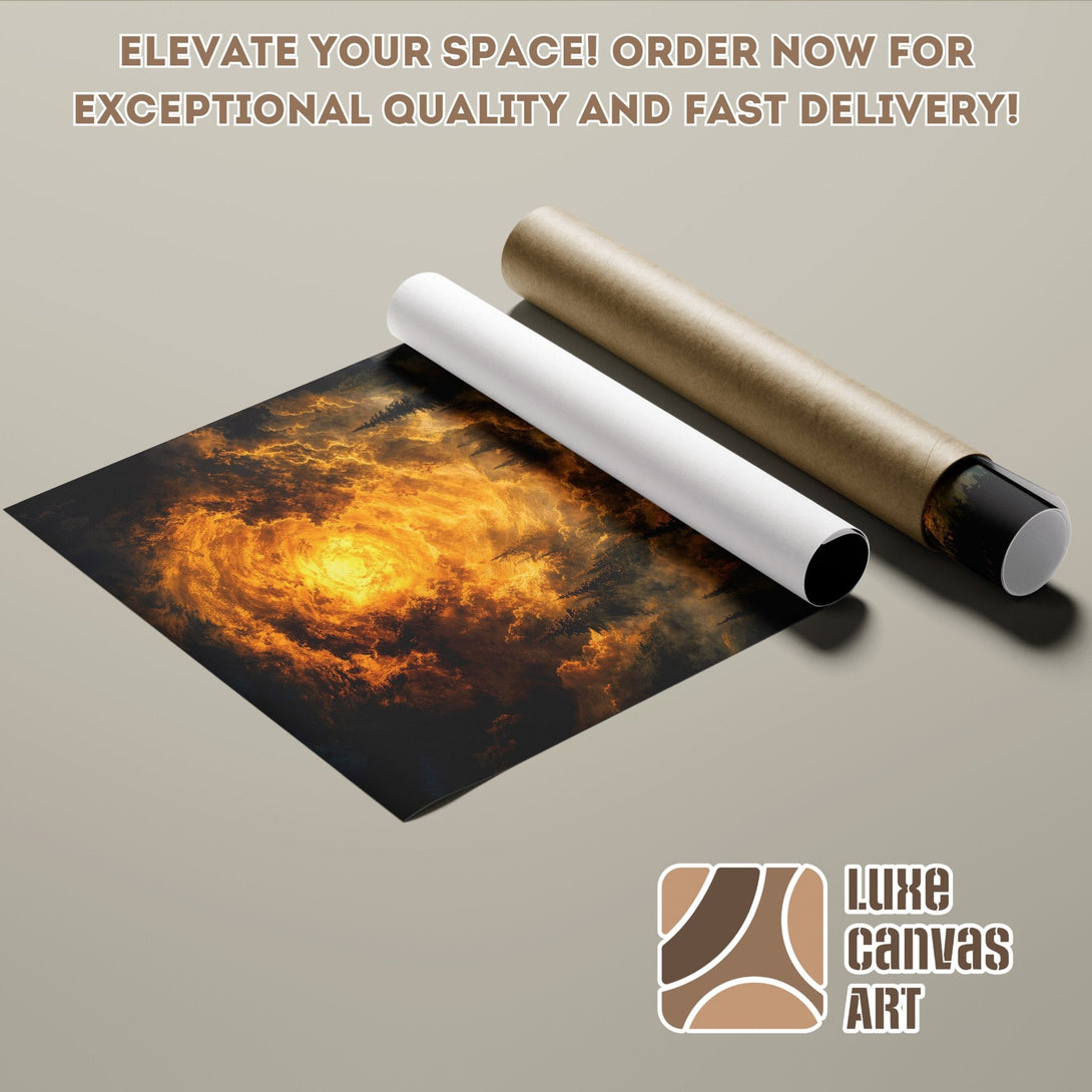 Poster Roll featuring a fiery, abstract art piece. Warm orange and black color palette. Elevate your space!