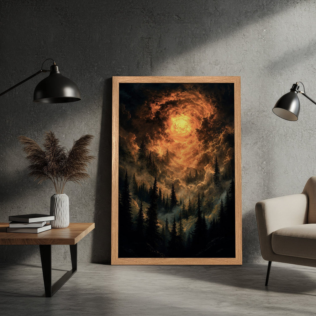 Framed Poster: Dramatic forest artwork in warm orange and dark tones. Perfect for adding a touch of nature and style to your home.