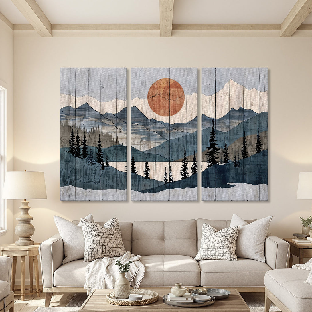 Canvas Print of a serene mountain landscape in a modern, minimalist style. Features a blue and neutral color palette, perfect for any home decor.