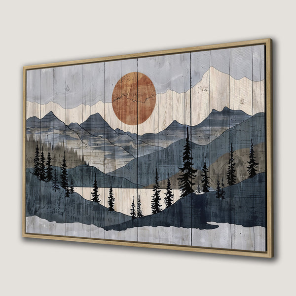 Framed Wall Art: Abstract mountain landscape Canvas Print in blue and brown tones, perfect for modern home decor.