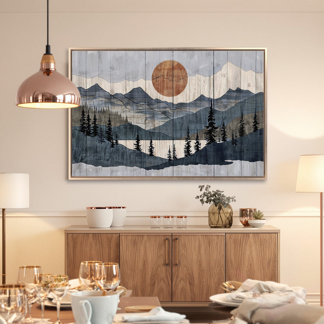 Framed Wall Art: Mountain landscape Canvas Print in blue and gray tones. Modern art for home decor, perfect for adding a touch of nature.