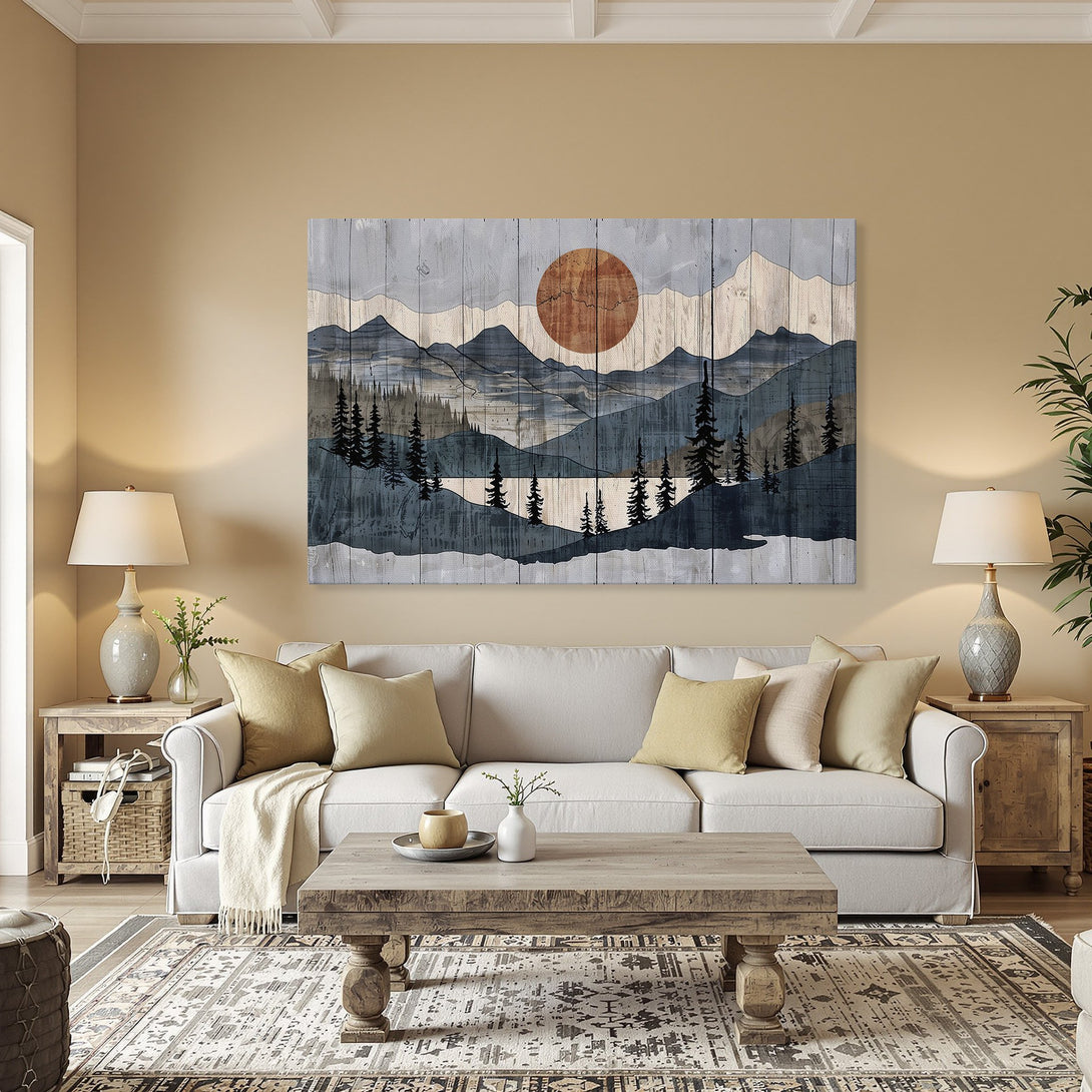 Framed Wall Art: Mountain landscape Canvas Print with a rustic, wood-grain style. Features a warm, earthy color palette with blues, grays, and orange. Perfect for home decor.