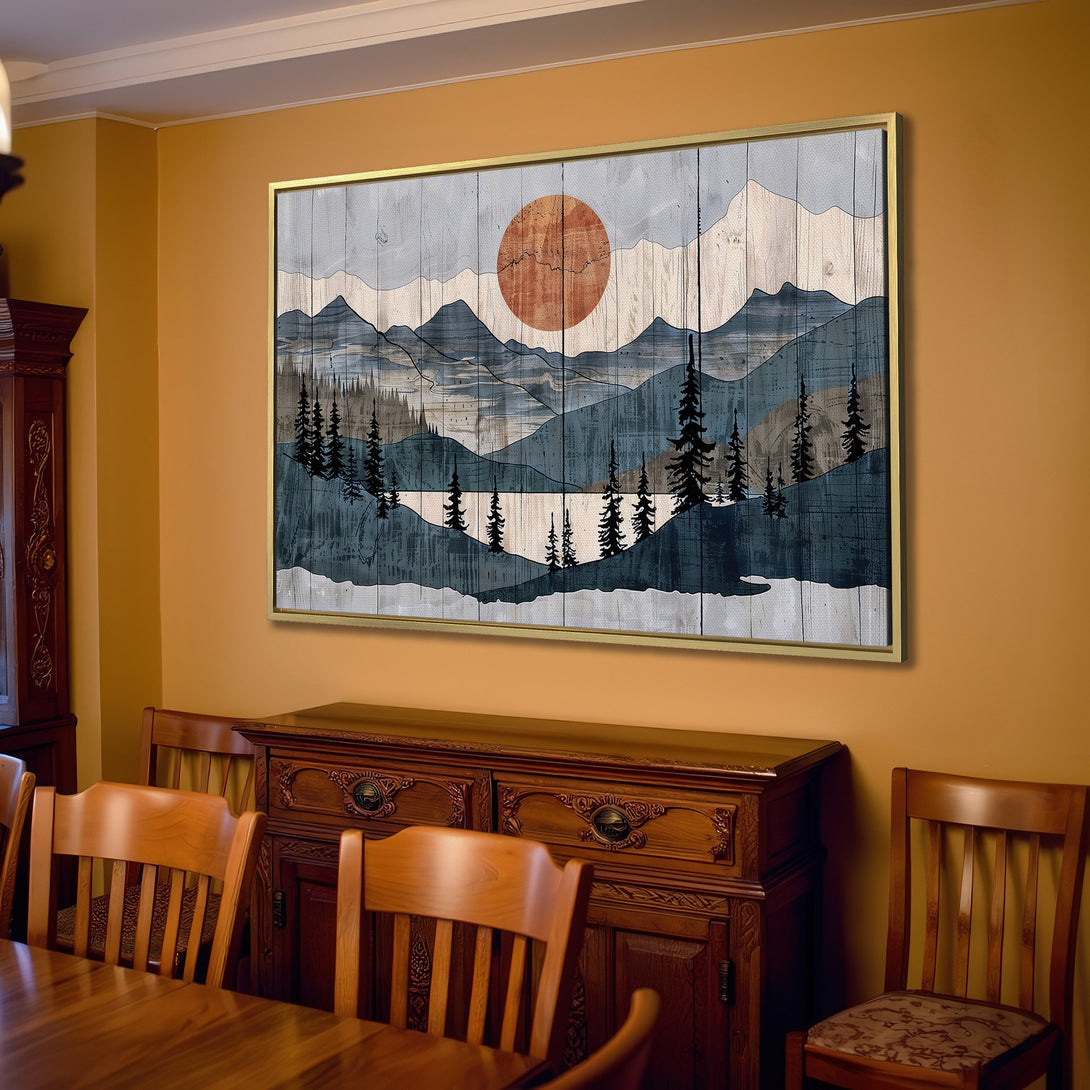 Canvas Print of a mountain landscape with a rustic, wood-panel look. Featuring a warm, neutral color palette of blues, browns, and grays.