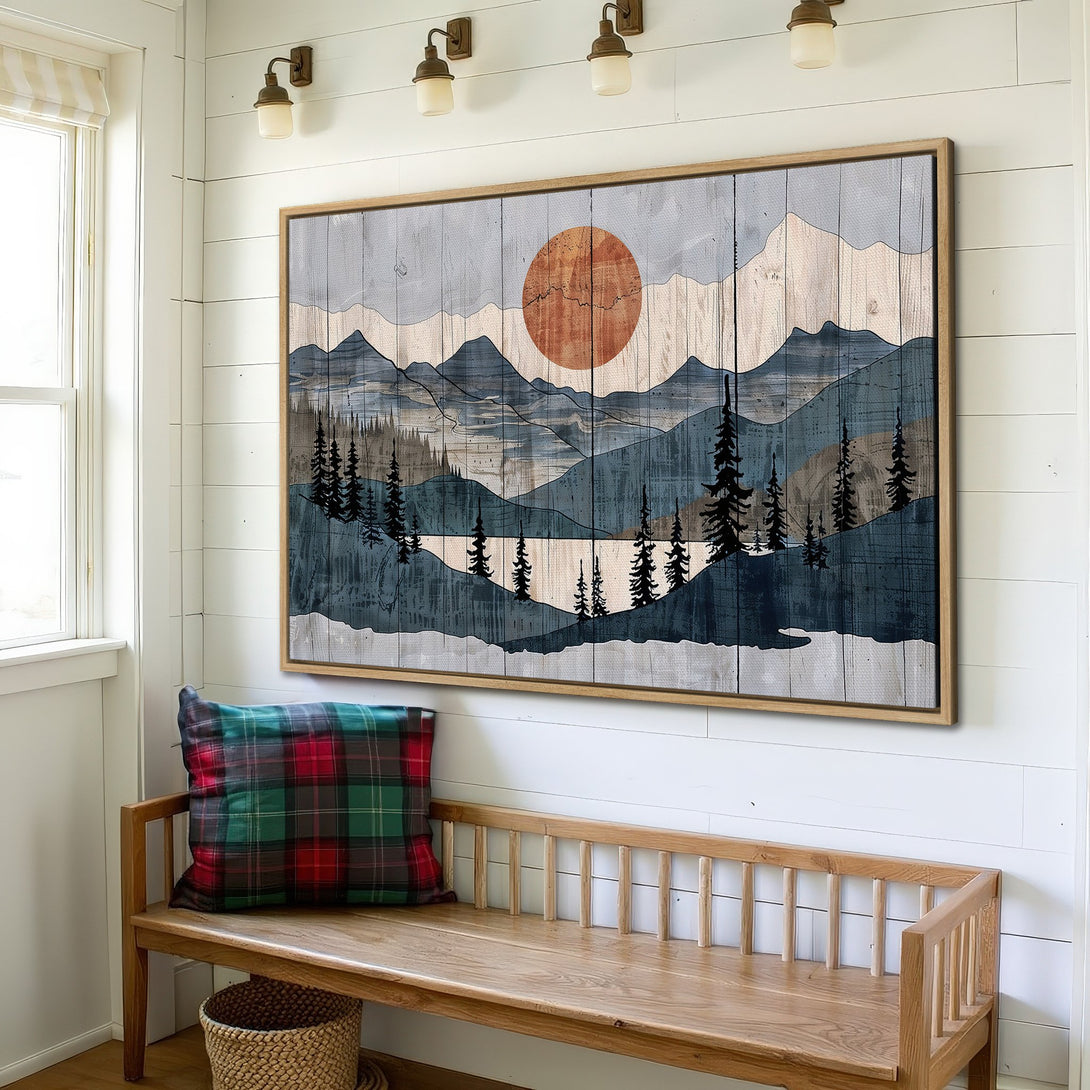 Framed Wall Art featuring a mountain landscape in a rustic style with blue, gray, and orange tones. Perfect for adding a touch of nature to your home.