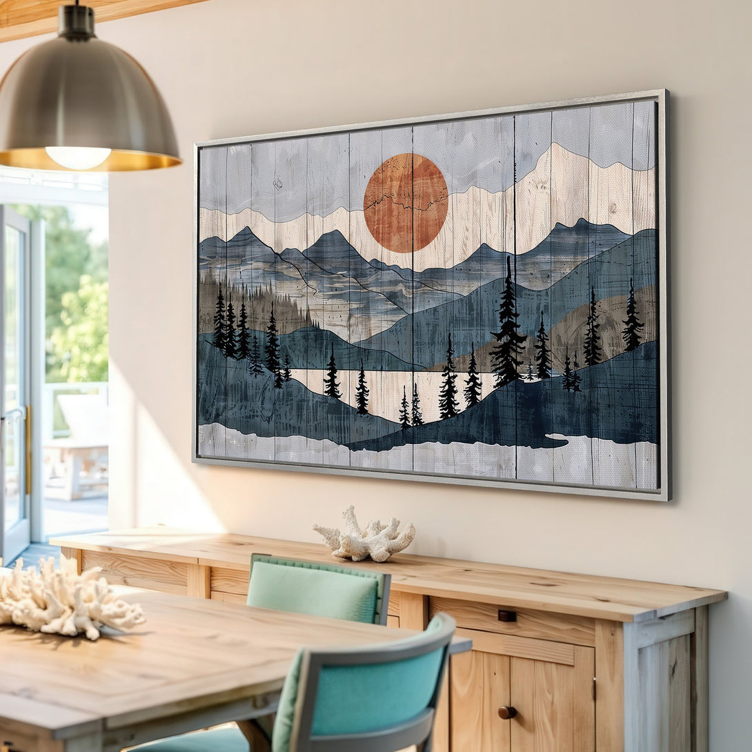 Framed Wall Art: Abstract mountain landscape in blue and orange tones, perfect for adding a touch of nature-inspired art to your home decor.