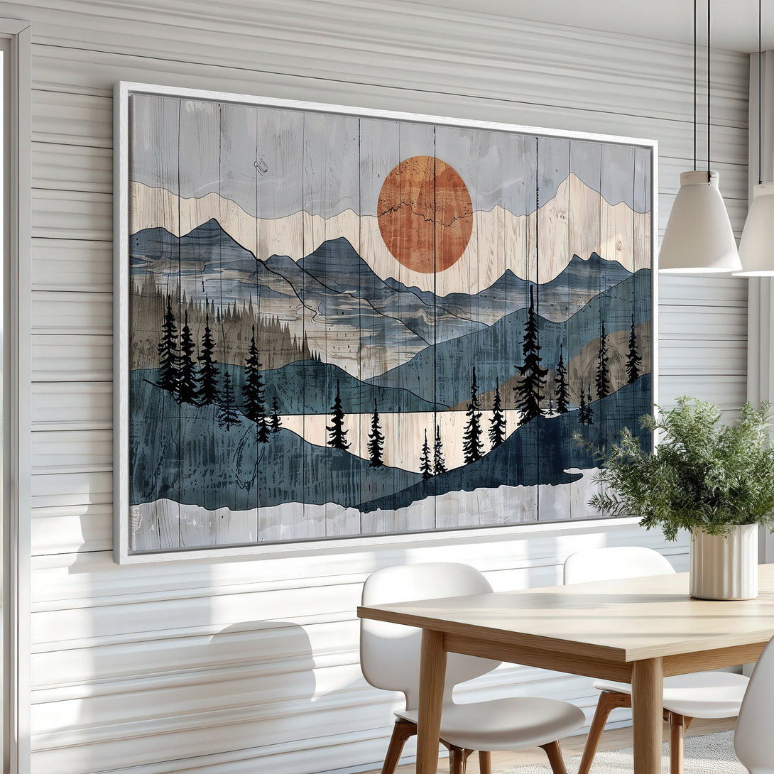 Framed Wall Art: Mountain landscape Canvas Print. Rustic style, featuring a sunset in a blue and brown color palette. Perfect for home decor.