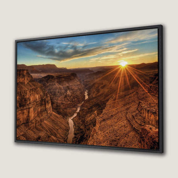Framed Wall Art: Stunning Grand Canyon landscape Canvas Print. Warm sunset hues of orange, red, and blue create a breathtaking view for your home decor.