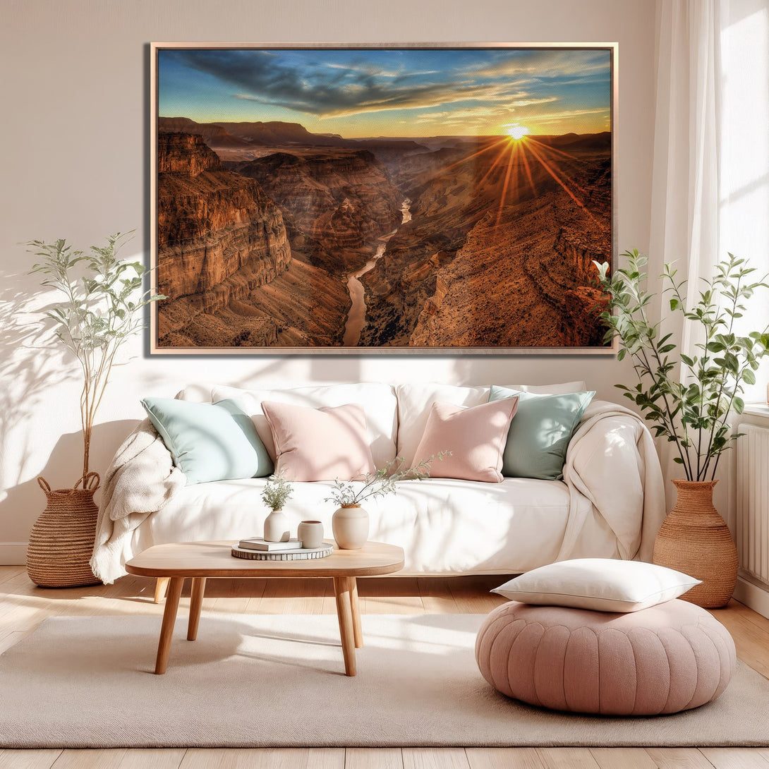 Framed Wall Art: Stunning canyon sunset canvas print in warm earth tones, perfect for living room decor. Bring the beauty of nature indoors!