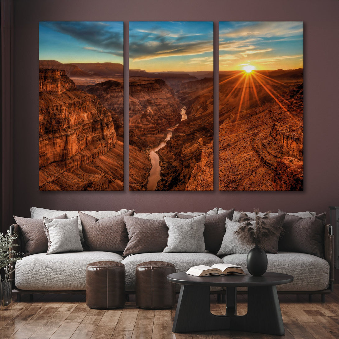 Canvas Print of a stunning canyon landscape at sunset. Warm orange and blue hues create a dramatic, inviting atmosphere. Perfect wall art!