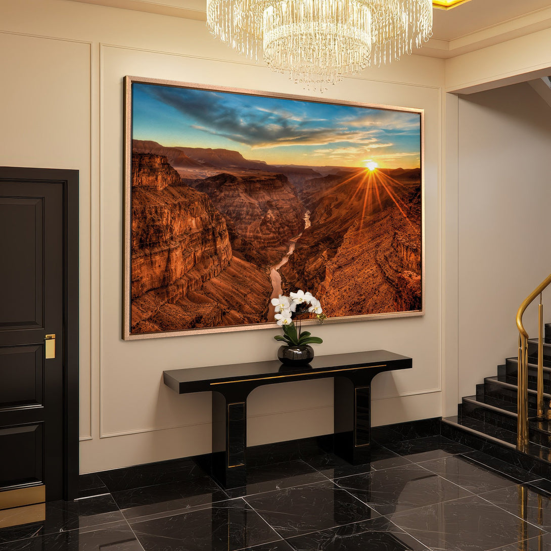 Framed Wall Art: Stunning canyon landscape Canvas Print with warm sunset colors. Elevate your space with this breathtaking art piece.