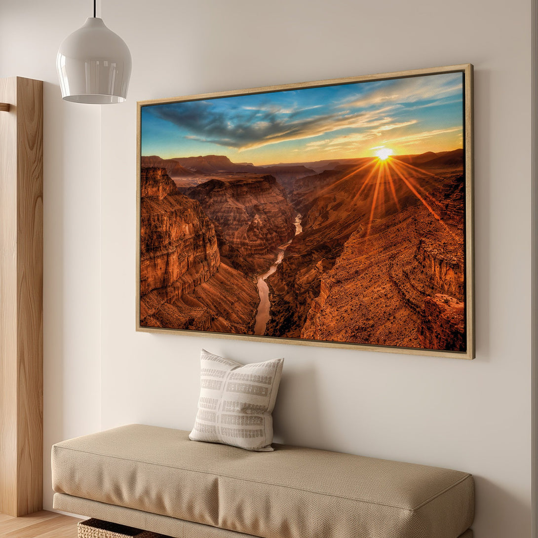 Framed Wall Art Canvas Print of a stunning canyon landscape at sunset. Warm orange and blue color palette, perfect for adding a touch of nature to your home.
