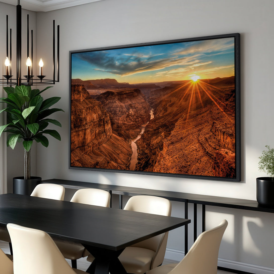 Framed Wall Art Canvas Print of a stunning Grand Canyon sunset. Warm orange and blue hues create a breathtaking landscape, perfect for home decor.