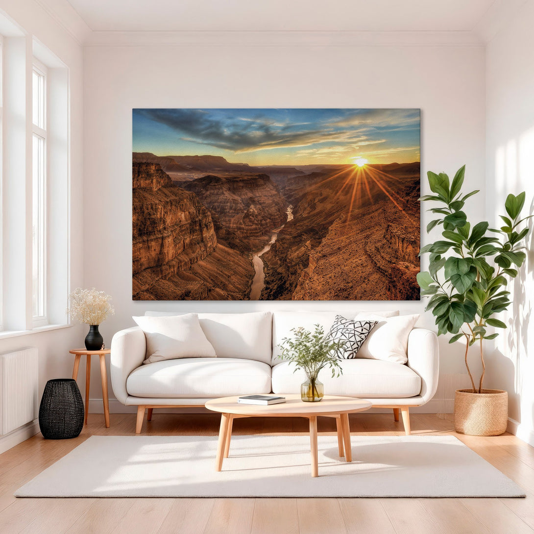 Framed Wall Art: Stunning canyon landscape Canvas Print with warm sunset hues. Perfect for adding a touch of nature and elegance to your home decor.