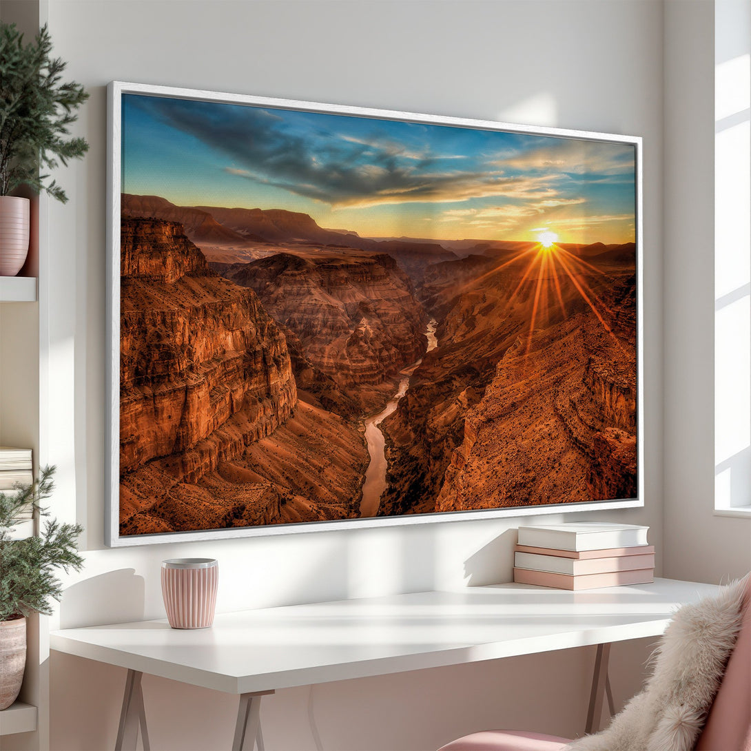 Framed Wall Art: Grand Canyon sunset canvas print. Earthy tones and vibrant sky create a stunning landscape. Perfect for home decor.