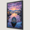 Sunset Harbor Scene Art Poster - Coastal Blue Boat Decor