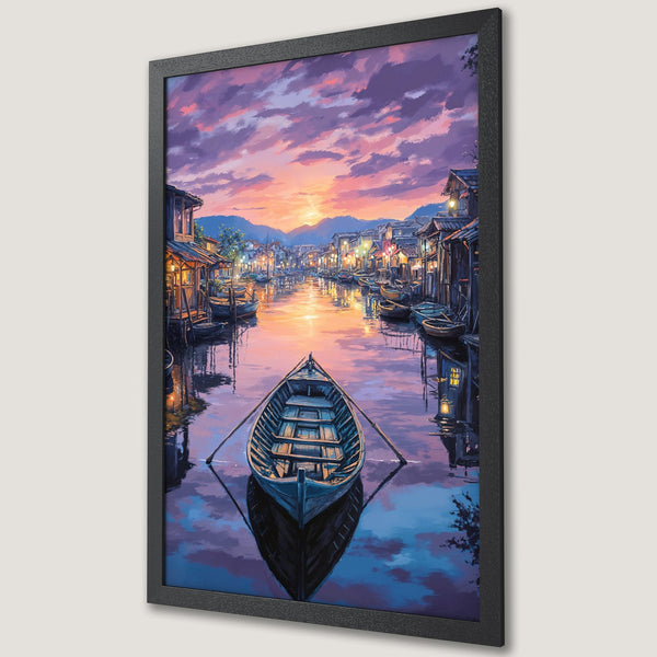 Framed Poster of a serene canal scene with a boat, sunset, and buildings. Impressionistic style, purple and orange color palette.
