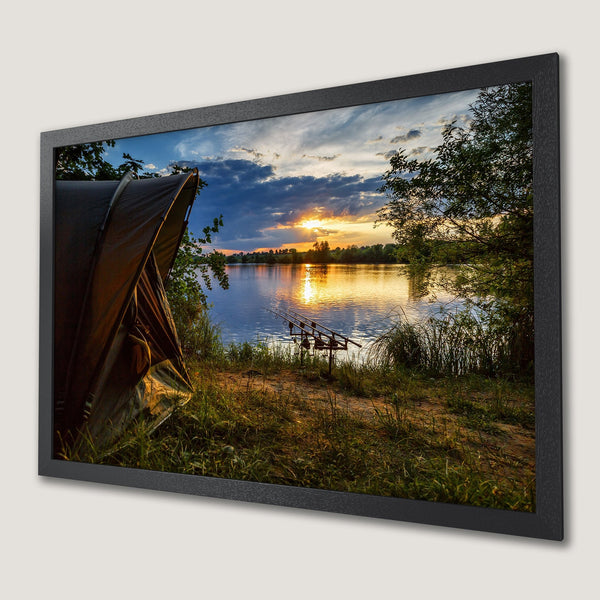 Framed Poster of a serene lake at sunset. Warm, golden tones with a dramatic sky. Capture the beauty of nature.