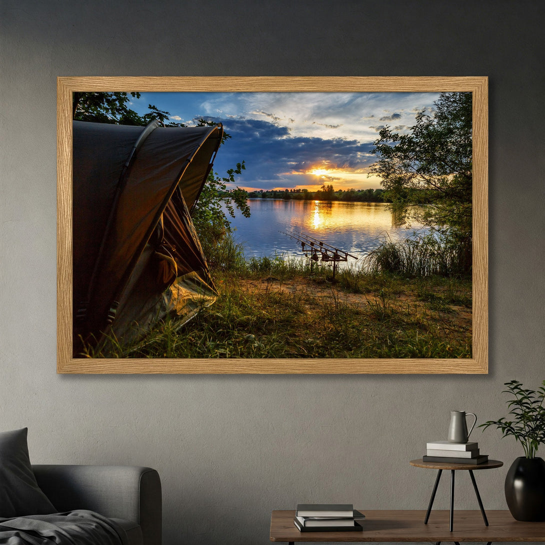 Framed Poster of a serene lake sunset scene with fishing rods, warm colors, and a nature-inspired style.