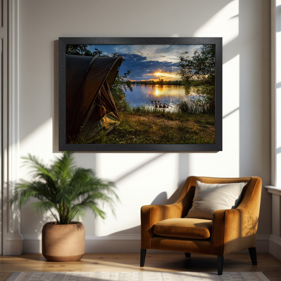 Framed Poster: Sunset over lake landscape art print in warm, earthy tones. Perfect wall decor for a cozy living room.