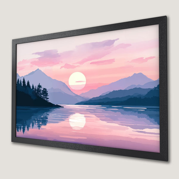 Framed Poster featuring a serene lake landscape in a painterly style with a pink and blue color palette. Perfect wall art!
