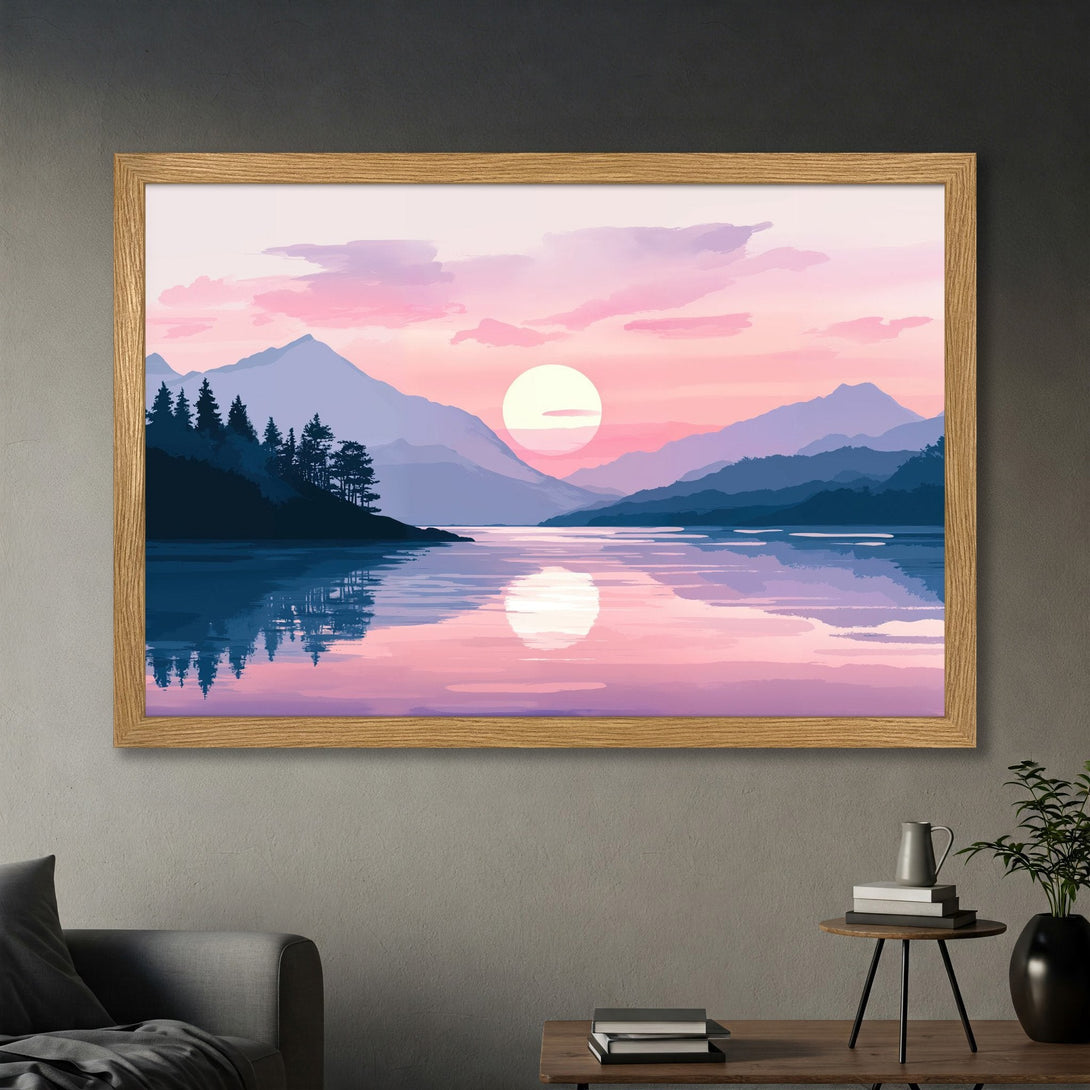 Framed Poster of a serene sunset landscape. Minimalist style with a calming pink and blue color palette, perfect wall art for any room.
