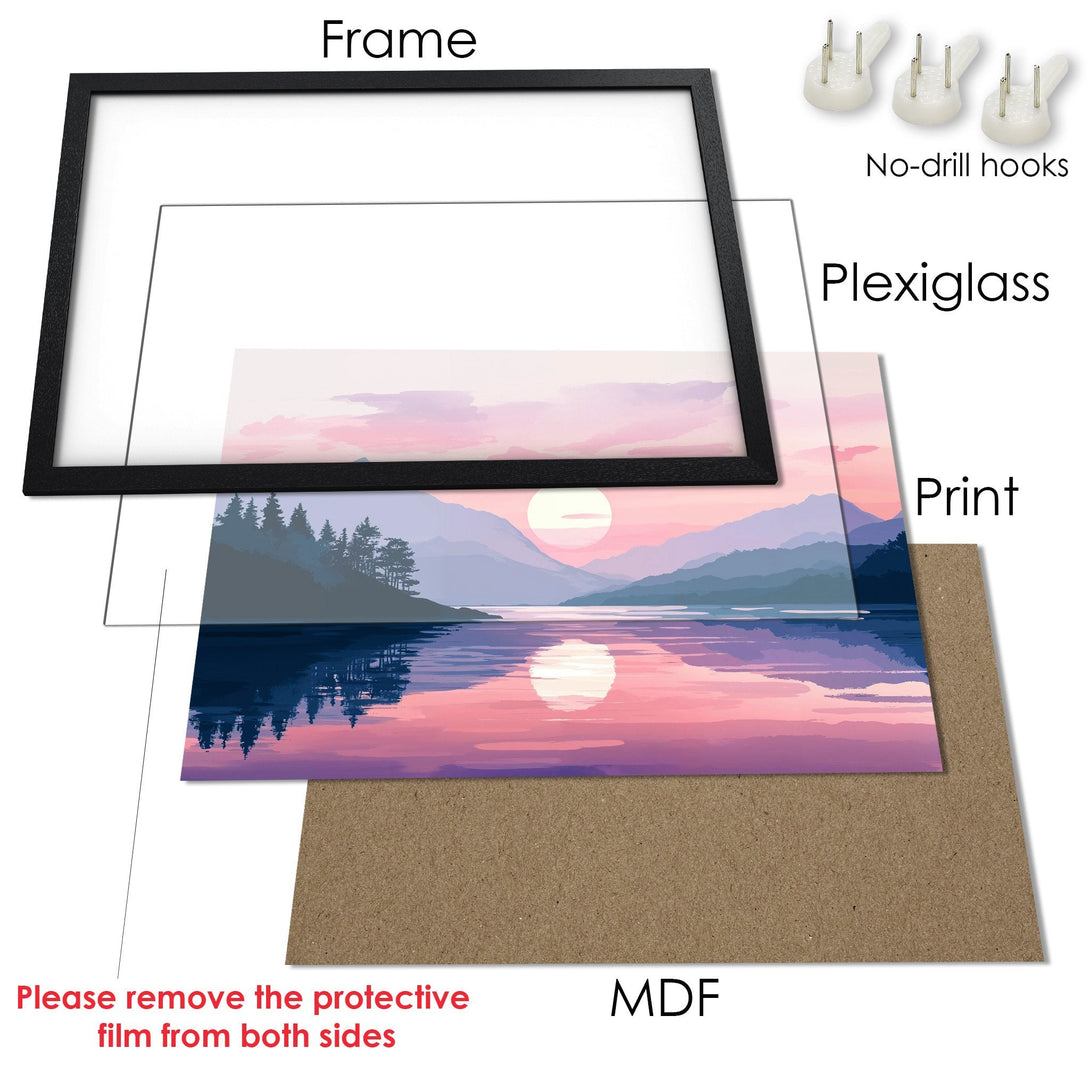 Framed Poster: Landscape art print with a pink and blue color palette. Modern style, perfect for home decor.