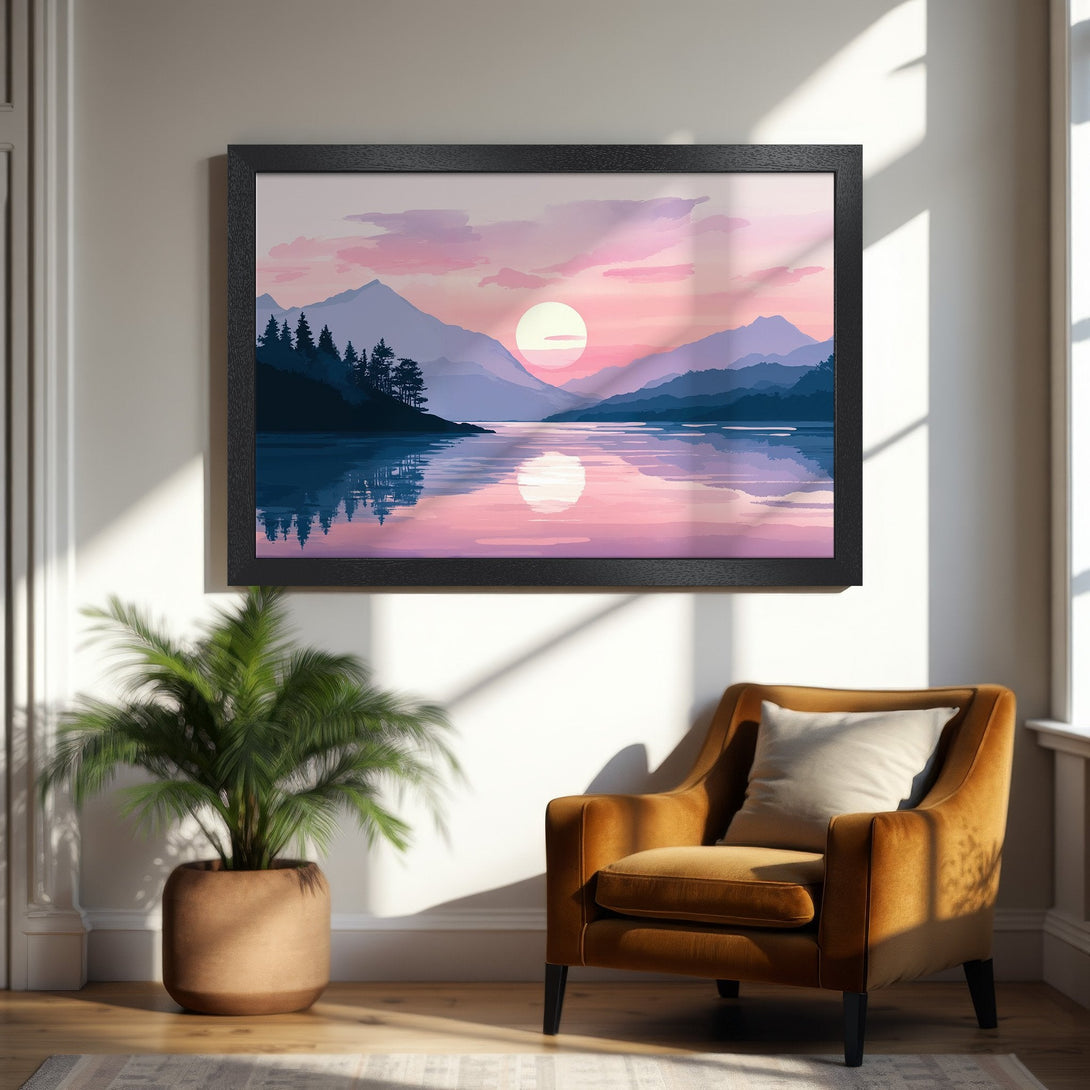 Framed Poster of a serene sunset landscape in a minimalist style, featuring pink, blue, and purple hues. Perfect wall art!