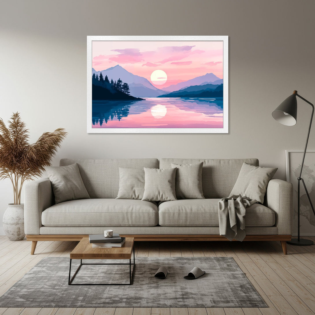 Framed Poster featuring a minimalist landscape with mountains and a sunset in pink and blue hues. Perfect wall art for your home!