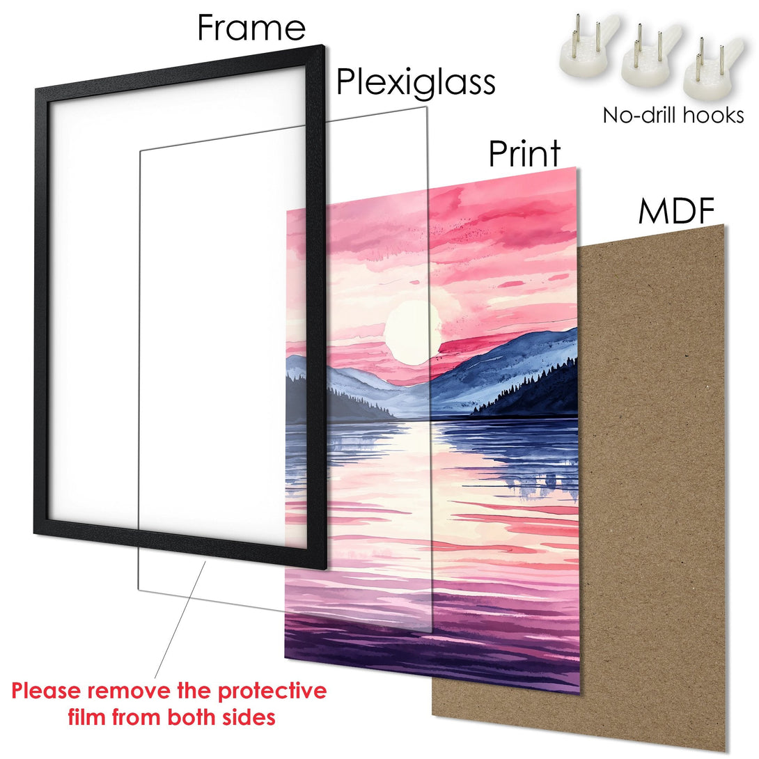 Framed Poster of a watercolor landscape with a pink, blue, and purple color palette. Perfect wall art!