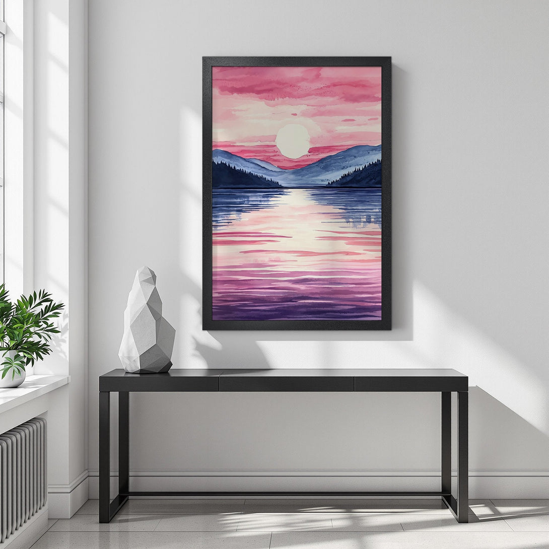 Framed Poster featuring a watercolor landscape of a lake at sunset. Pink, purple, and blue color palette, perfect wall art.