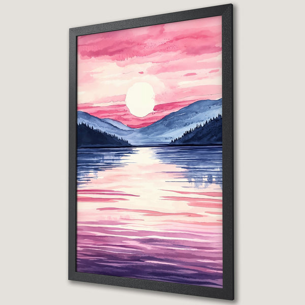 Framed Poster featuring a watercolor landscape with a sunset over a lake, in pink, blue, and purple hues.