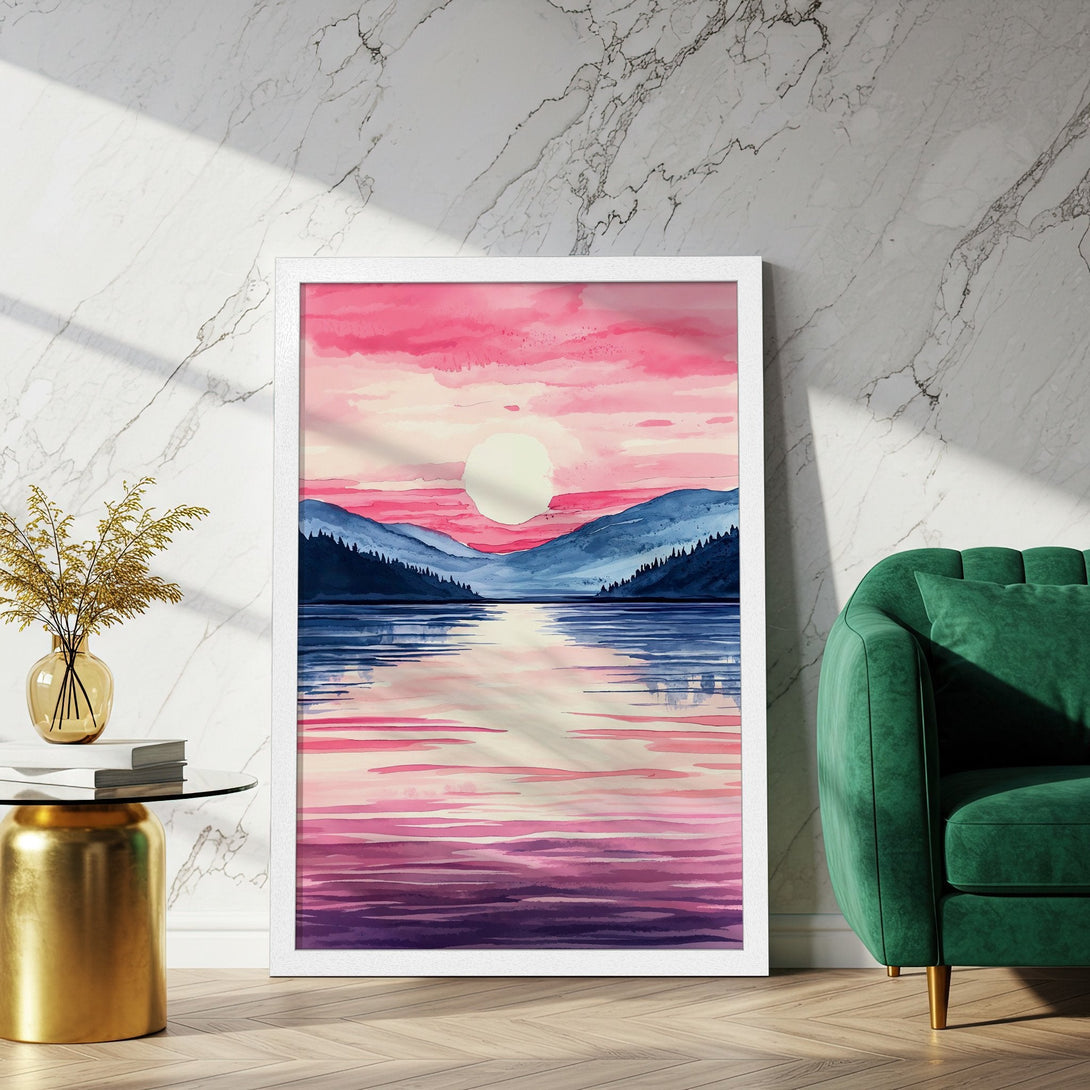 Framed Poster featuring a watercolor landscape with pink, blue, and purple hues. Perfect wall art for a serene home.
