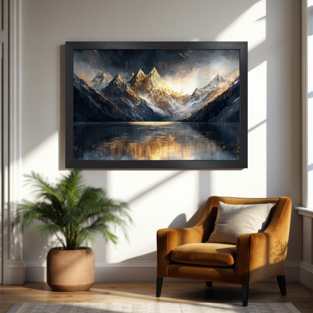 Framed Poster of a majestic mountain landscape in a warm, golden color palette. Perfect for adding a touch of nature to your home.