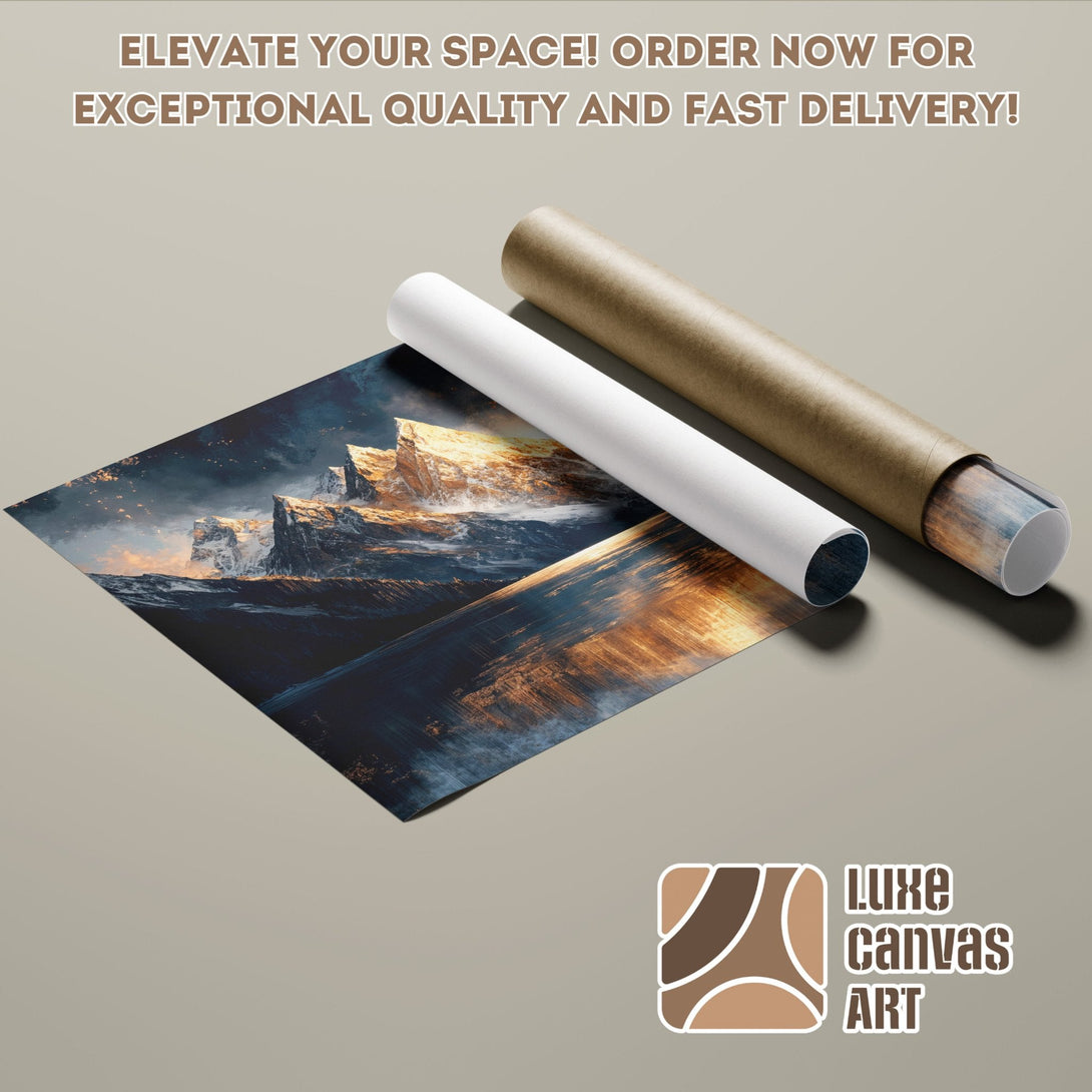 Poster Roll featuring a mountain landscape art print, with a dark blue and gold color palette.