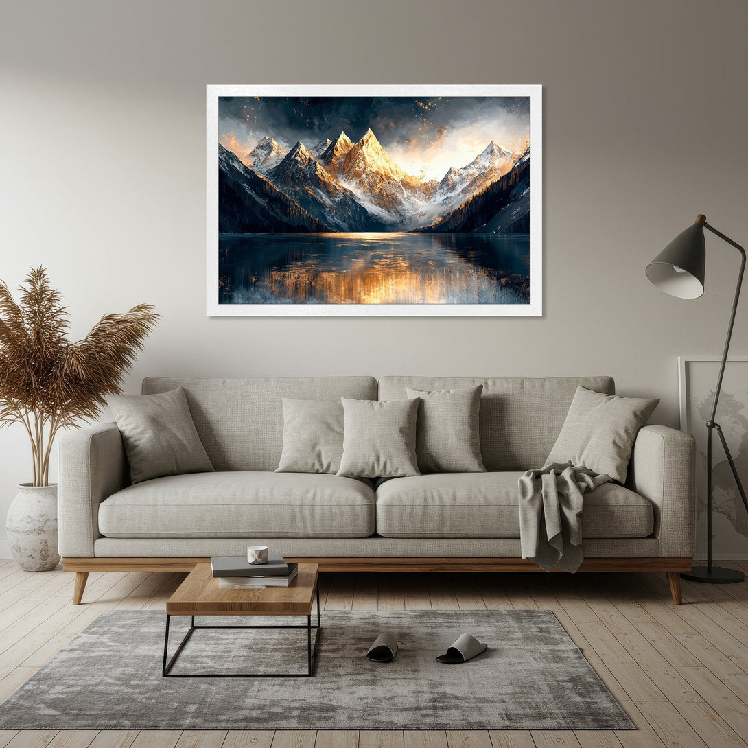 Framed Poster of majestic mountains reflecting in water, with a warm, golden color palette. Perfect for home decor!