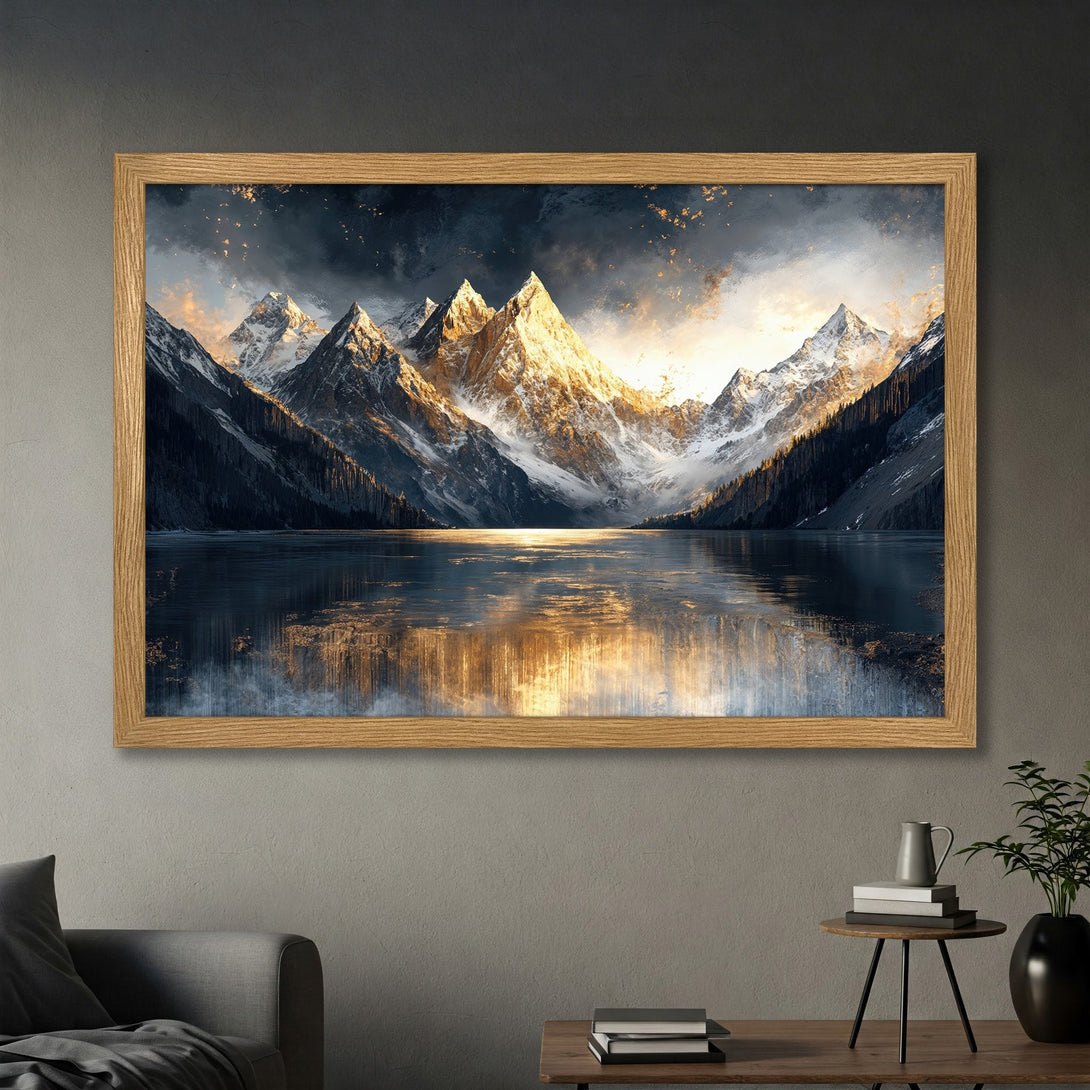 Framed Poster featuring a stunning mountain landscape with a golden and blue color palette, perfect for adding a touch of nature to your home.
