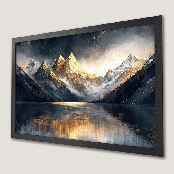 Framed Poster: Majestic mountain landscape art print in moody blue & gold tones. Elevate your space with stunning wall decor.