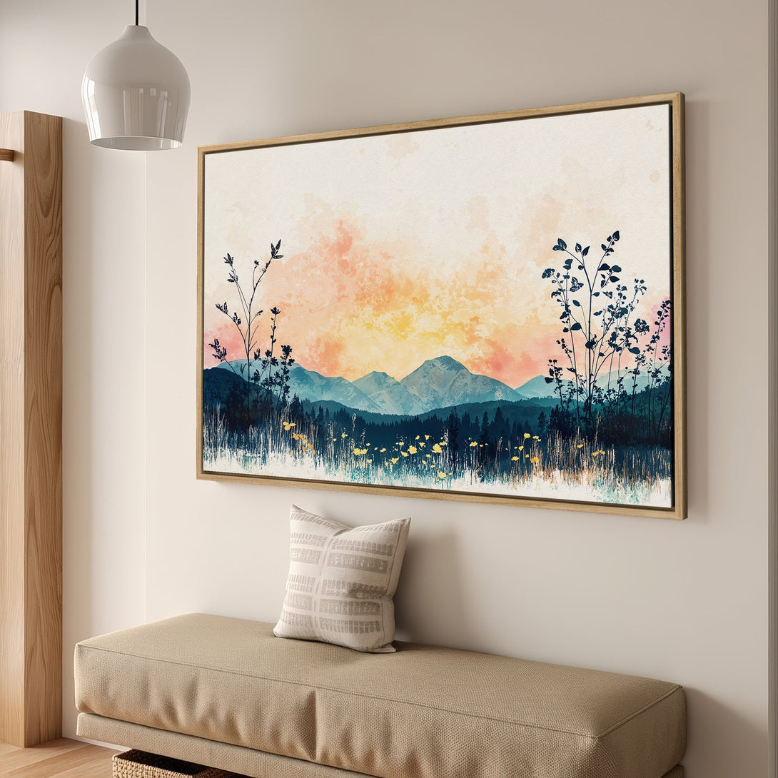 Framed Wall Art featuring a watercolor mountain landscape with a warm, sunset color palette. Perfect for adding a touch of nature to your home decor.