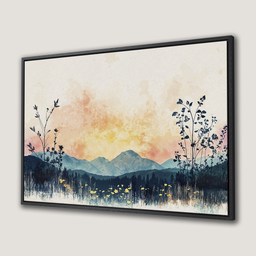Framed Wall Art featuring a serene mountain landscape in watercolor style with a warm sunset palette. Perfect for adding a touch of nature to your home.