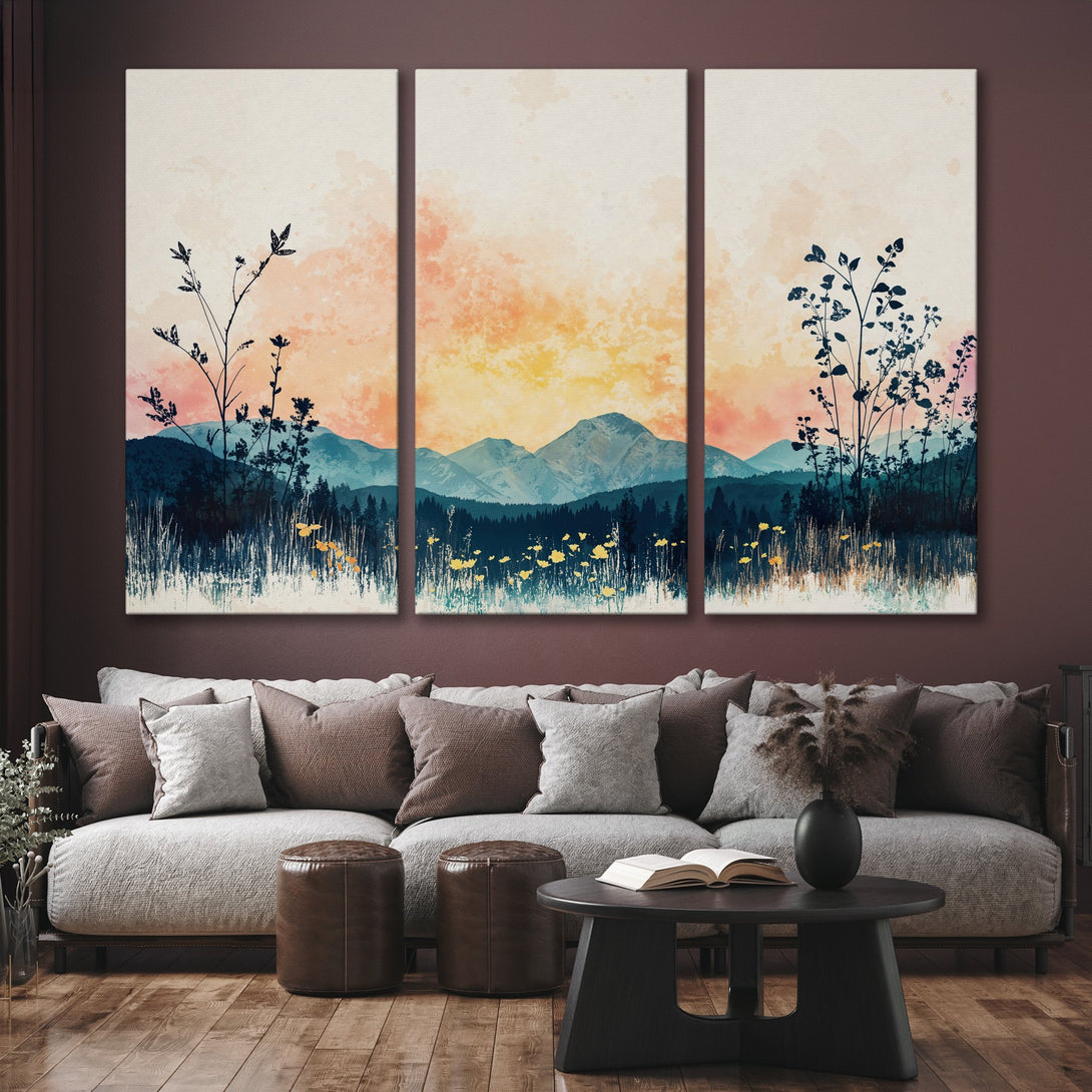 Canvas Print: Abstract mountain landscape art in warm sunset colors. Modern wall decor with blue, orange, and yellow hues. Enhance your home's style!