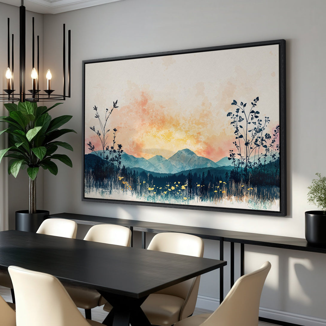 Framed Wall Art: Abstract landscape Canvas Print with a sunset color palette. Modern art for home decor, featuring mountains and florals.