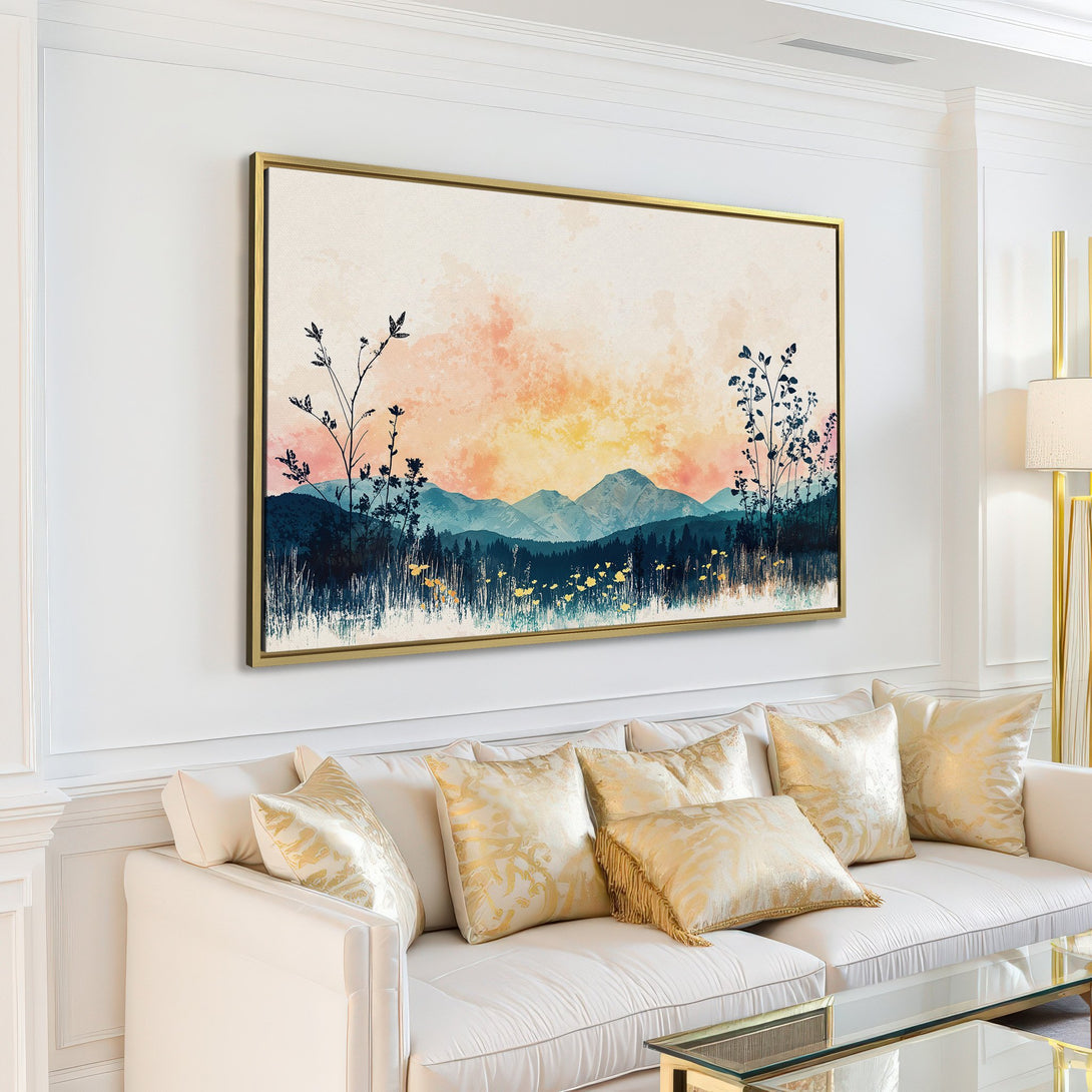 Canvas Print of a serene mountain landscape in watercolor style with a warm, sunset color palette. Perfect for modern home decor.