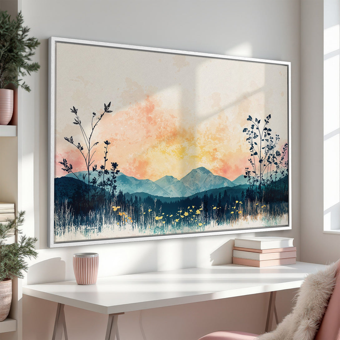 Framed Wall Art: Mountain landscape Canvas Print in a modern style with a warm, neutral and blue color palette. Perfect for home decor.