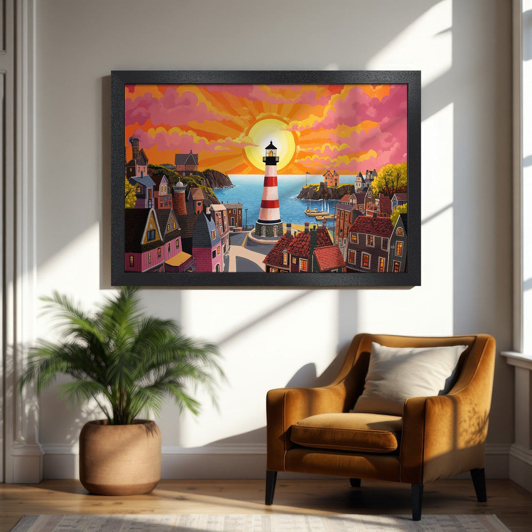 Framed Poster featuring a lighthouse scene in a vibrant, cartoon style with warm orange and pink hues. Perfect wall art!