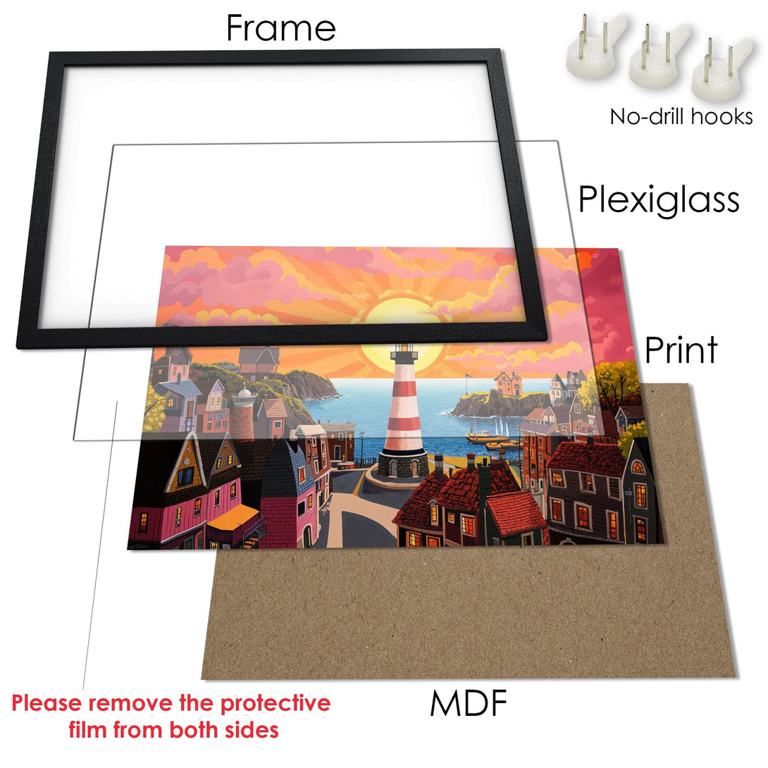 Framed Poster of a coastal town with lighthouse. Whimsical art style, warm sunset color palette. Ready to hang!